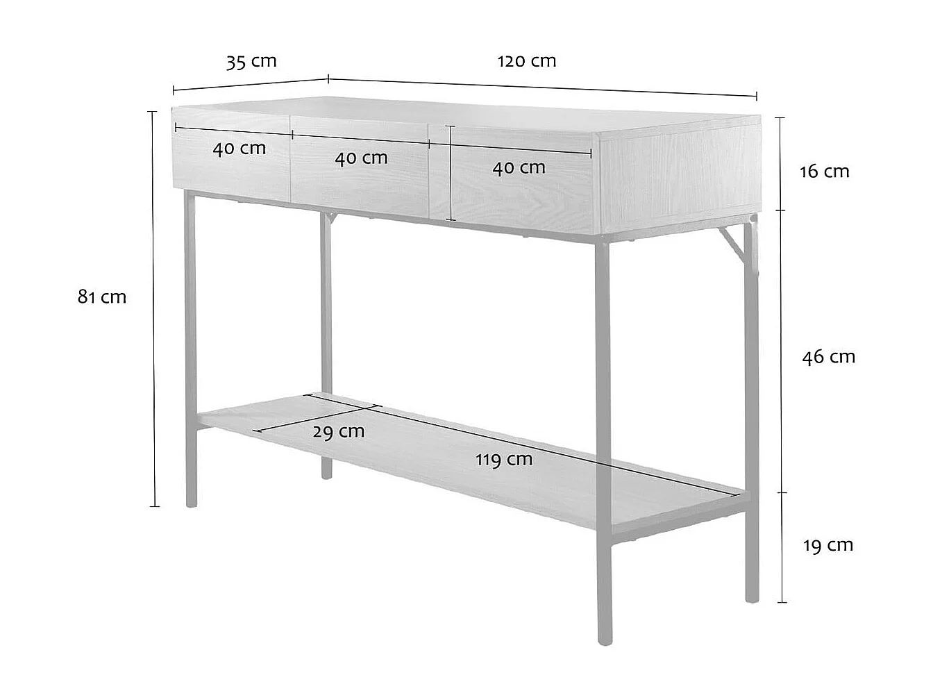 Consola de 3 cajones con 1 estante inferior, decoración de madera y metal negro, L120 cm - TESSA