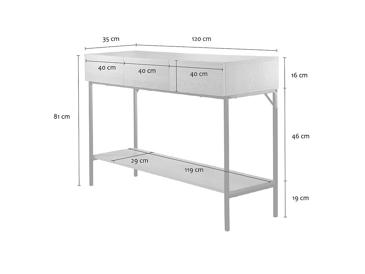 Console 3 tiroirs avec 1 tablette décor bois et métal L120 cm TESSA