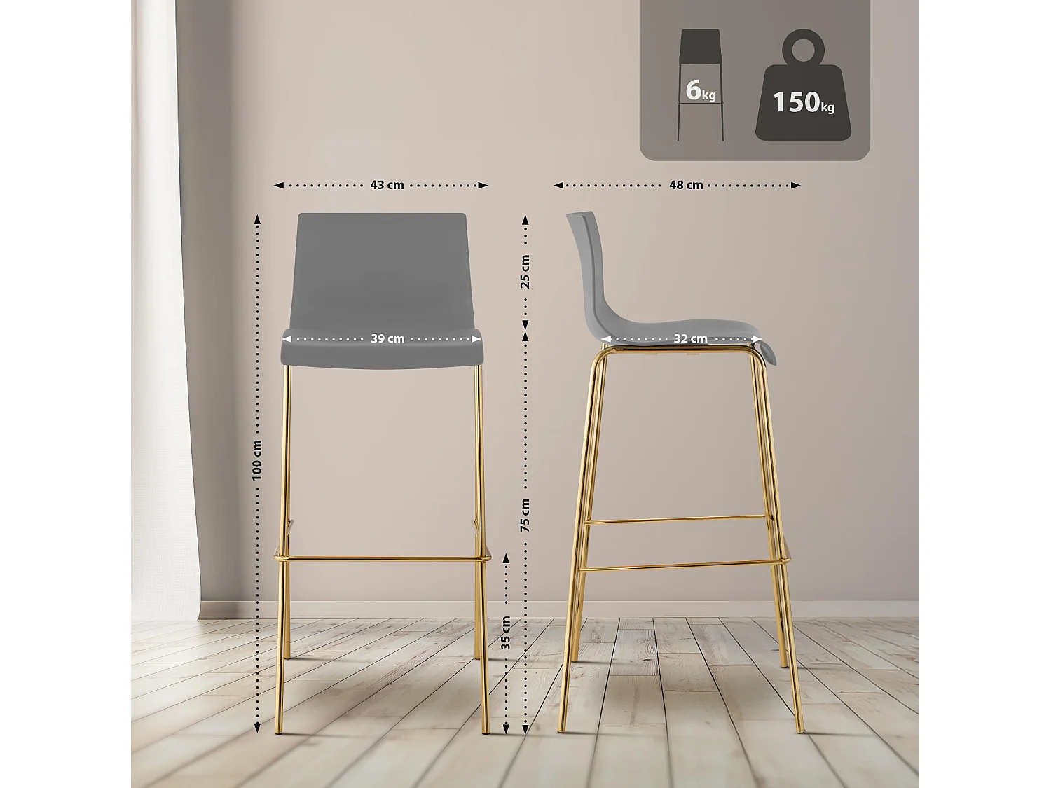 Lot de 2  Tabouret de bar - Plastique & Antique foncé - Gris - Hover