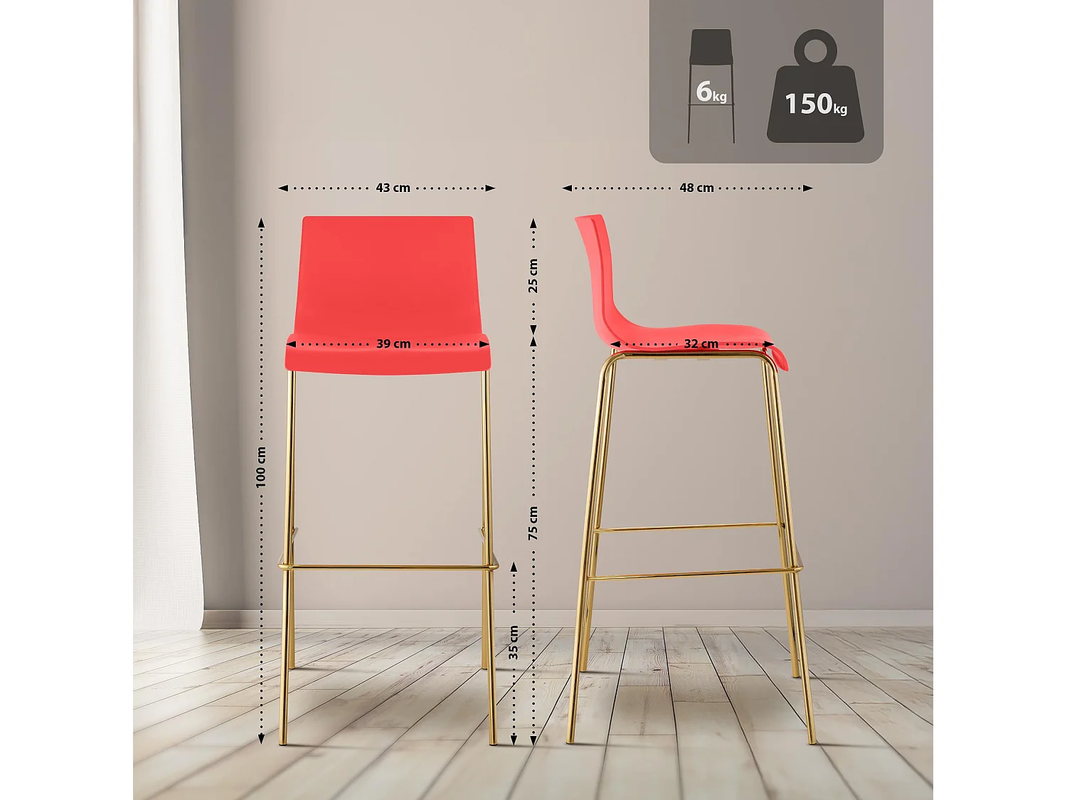 Lot de 2  Tabouret de bar - Plastique & Antique foncé - Rouge - Hover