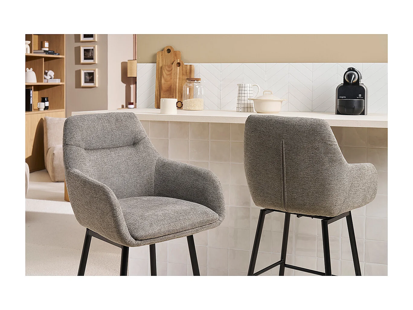 Taburetes de bar giratorios 360° en tela efecto terciopelo texturizado gris y metal H65.5 cm (paquete de 2) ALESS