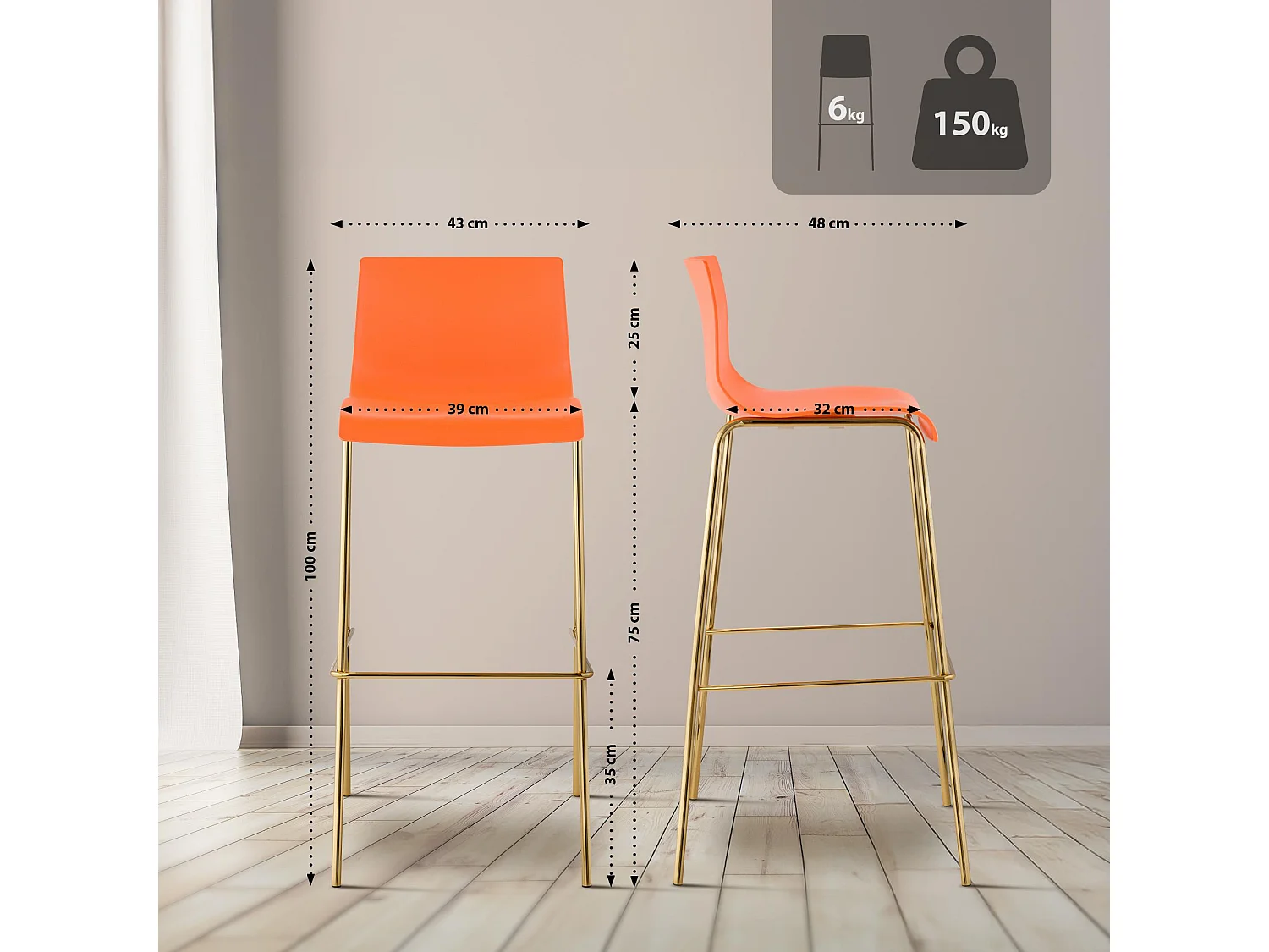 Lot de 2  Tabouret de bar - Plastique & Antique foncé - Orange - Hover