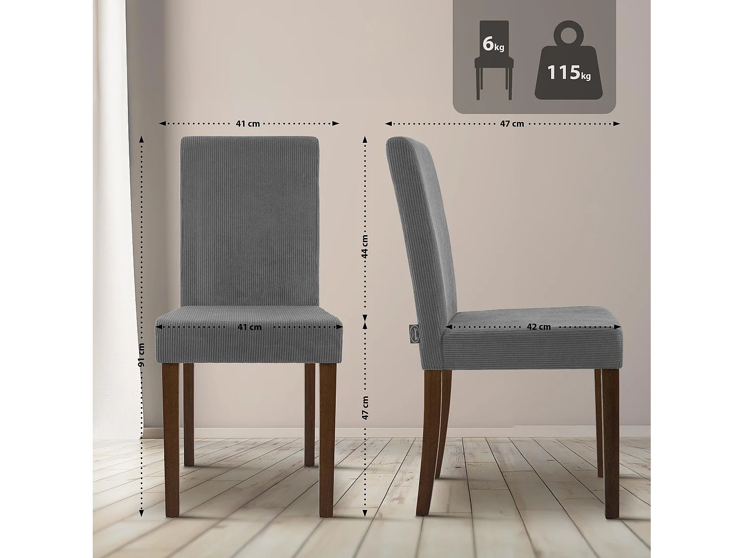 Lot de 2  chaise salle à manger - Cordon & Antique foncé - Gris - Ina