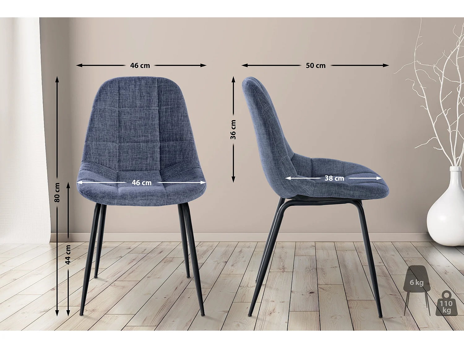 Lot de 2  chaise salle à manger - Tissu - Bleu - Tom