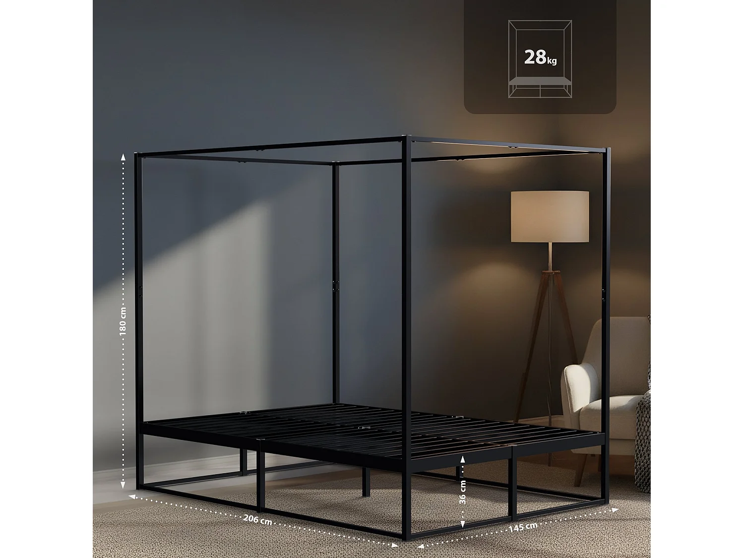 Lit en métal - Métal - 140 x 200 cm - Noir - Batoni