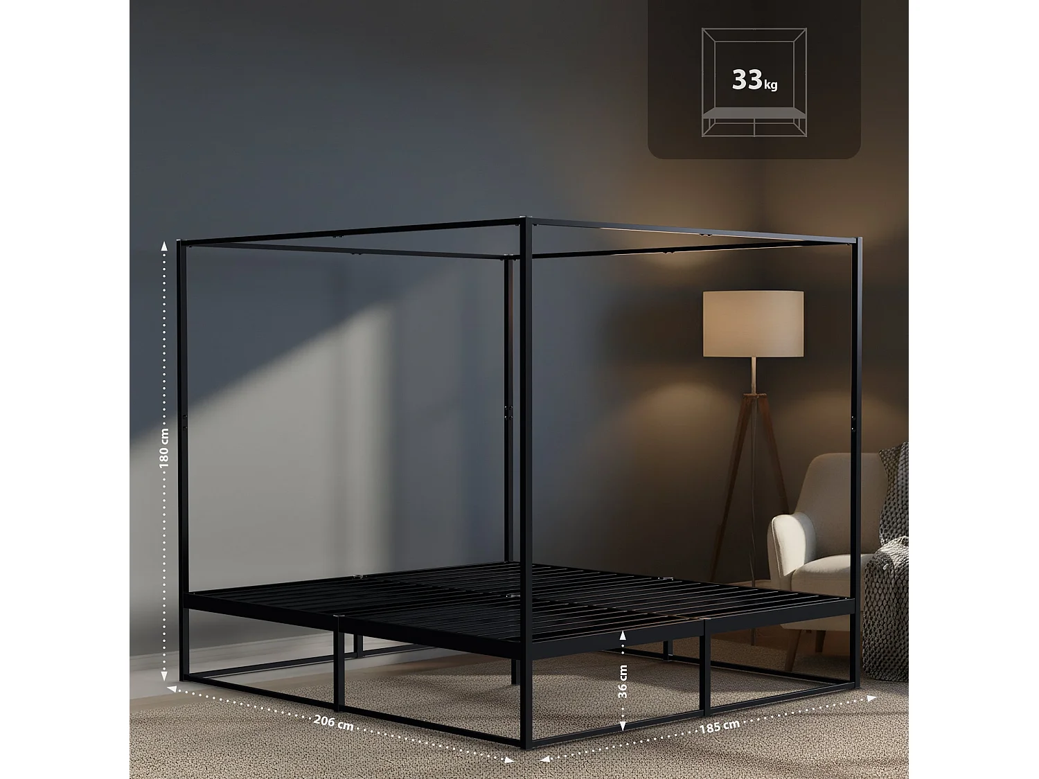 Lit en métal - Métal - 180 x 200 cm - Noir - Batoni