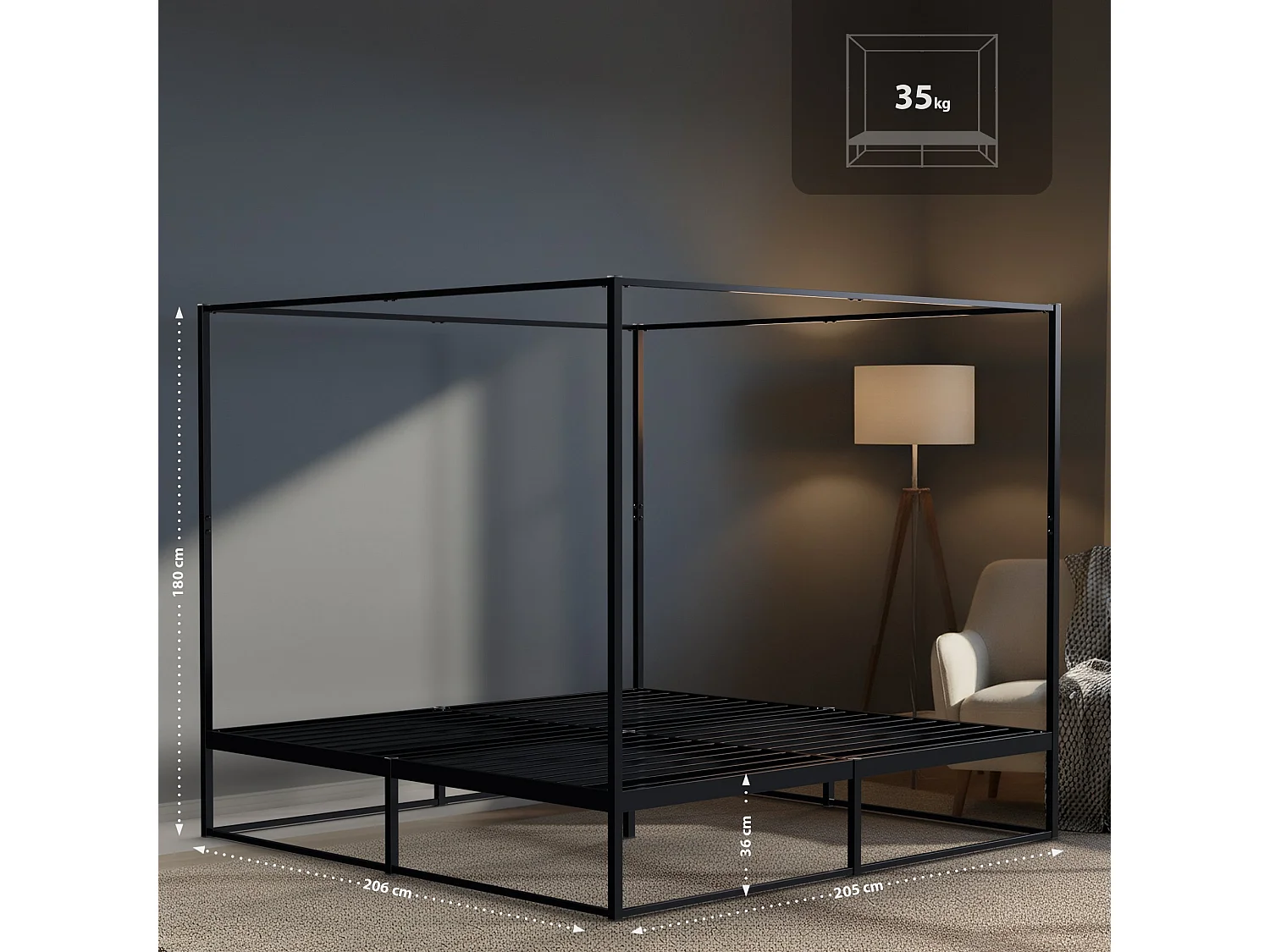 Lit en métal - Métal - 200 x 200 cm - Noir - Batoni