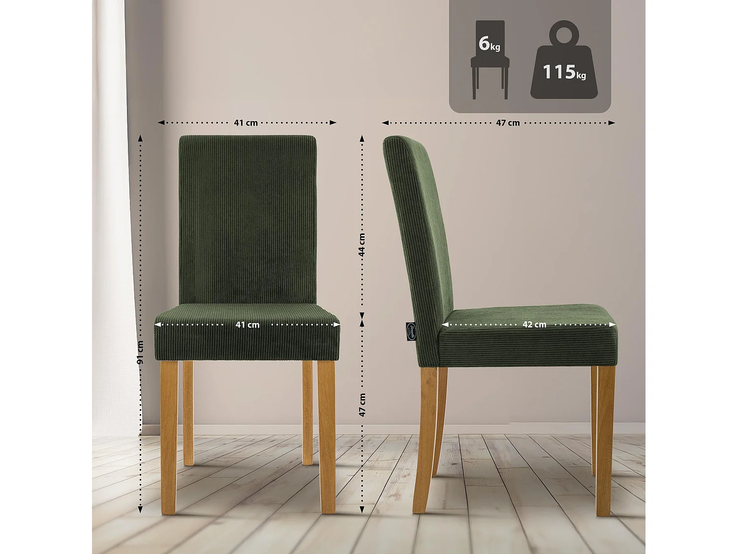 Lot de 2  chaise salle à manger - Cordon & Antique clair - Vert - Ina