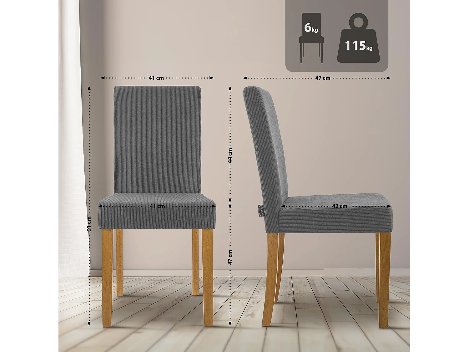 Lot de 2  chaise salle à manger - Cordon & Antique clair - Gris - Ina