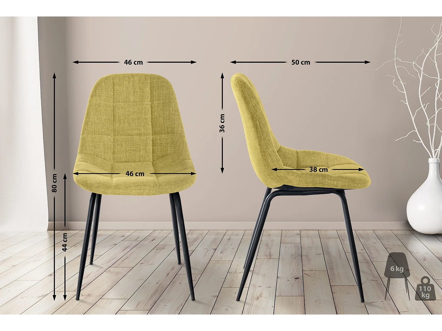 Lot de 2  chaise salle à manger - Tissu - Vert clair - Tom