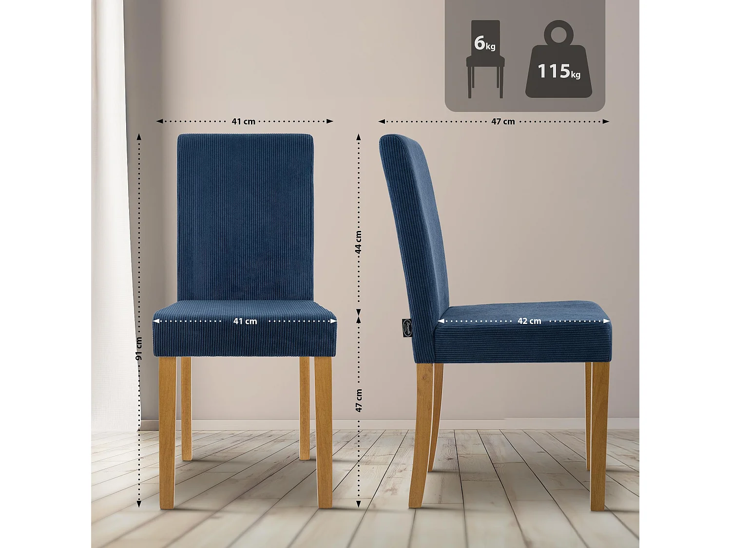 Lot de 2  chaise salle à manger - Cordon & Antique clair - Bleu - Ina