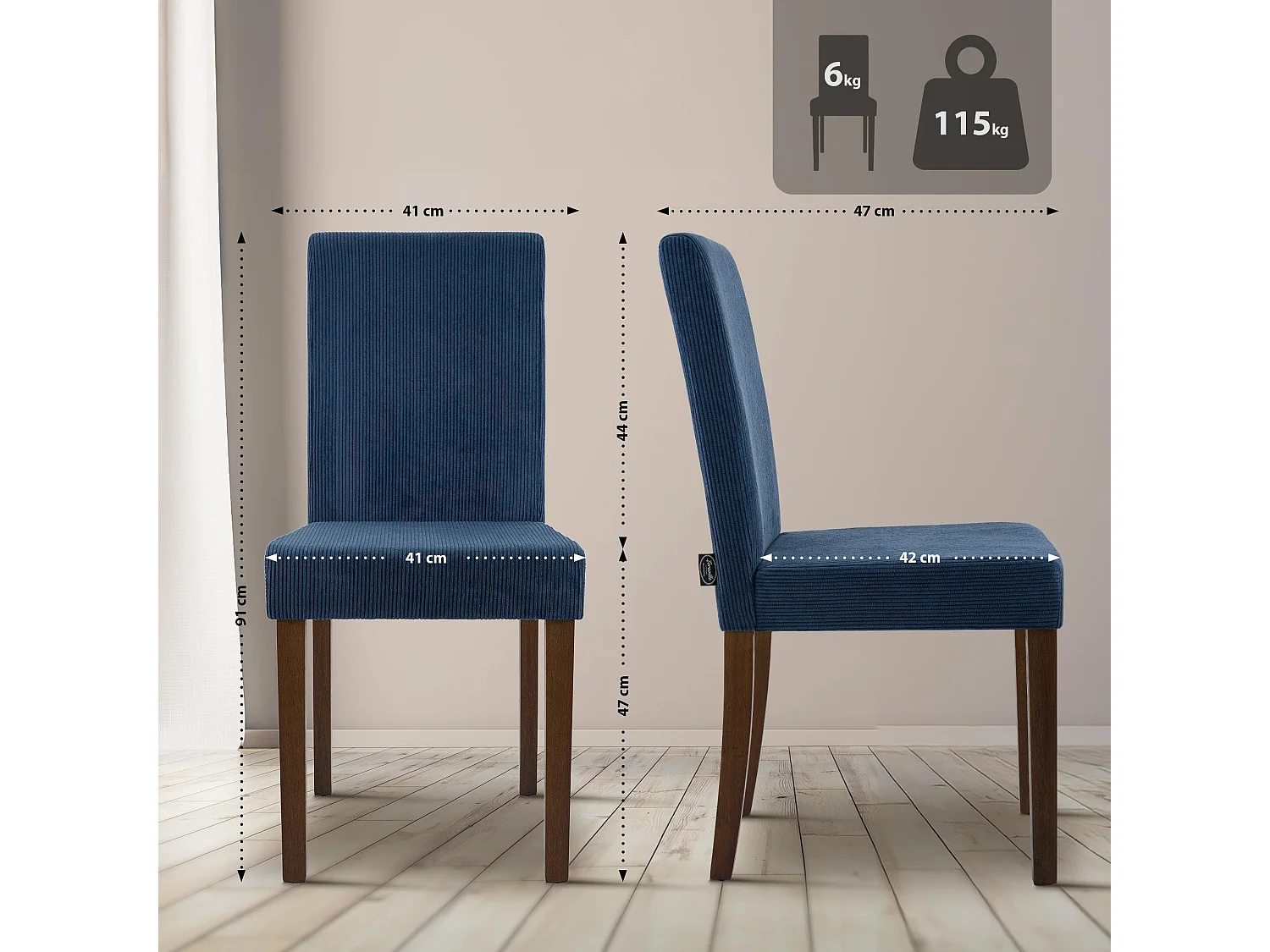 Lot de 2  chaise salle à manger - Cordon & Antique foncé - Bleu - Ina