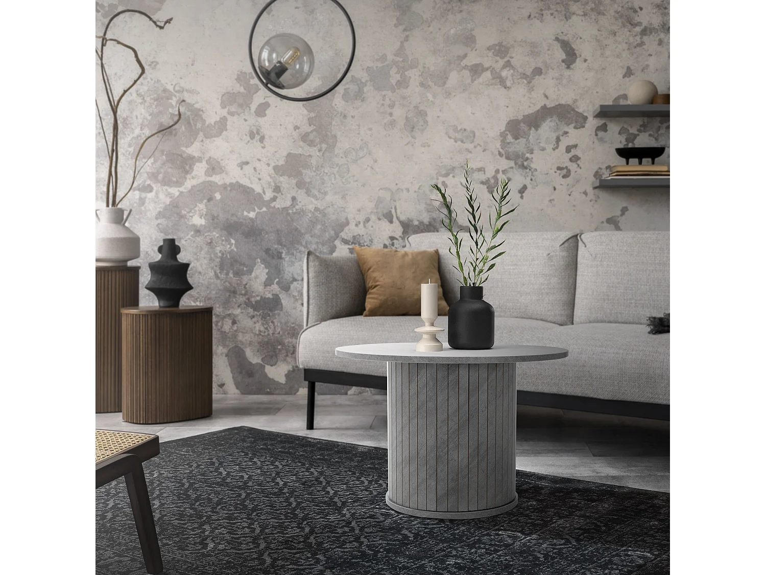 Table basse ronde Ø 60 x 40 cm aspect béton gris avec plateau dépassant mobiliermoderne pour canapé de salon bar ou lounge surface pour café et thé
