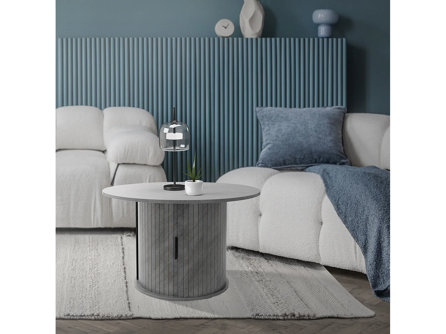 Table basse ronde 80 x 80 x 50 cm aspect béton gris avec porte coulissante et grande espace de rangement meuble pour canapé surface pour boissons