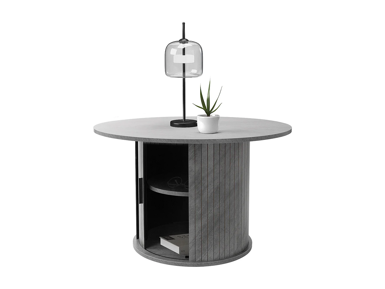 Table basse ronde 80 x 80 x 50 cm aspect béton gris avec porte coulissante et grande espace de rangement meuble pour canapé surface pour boissons
