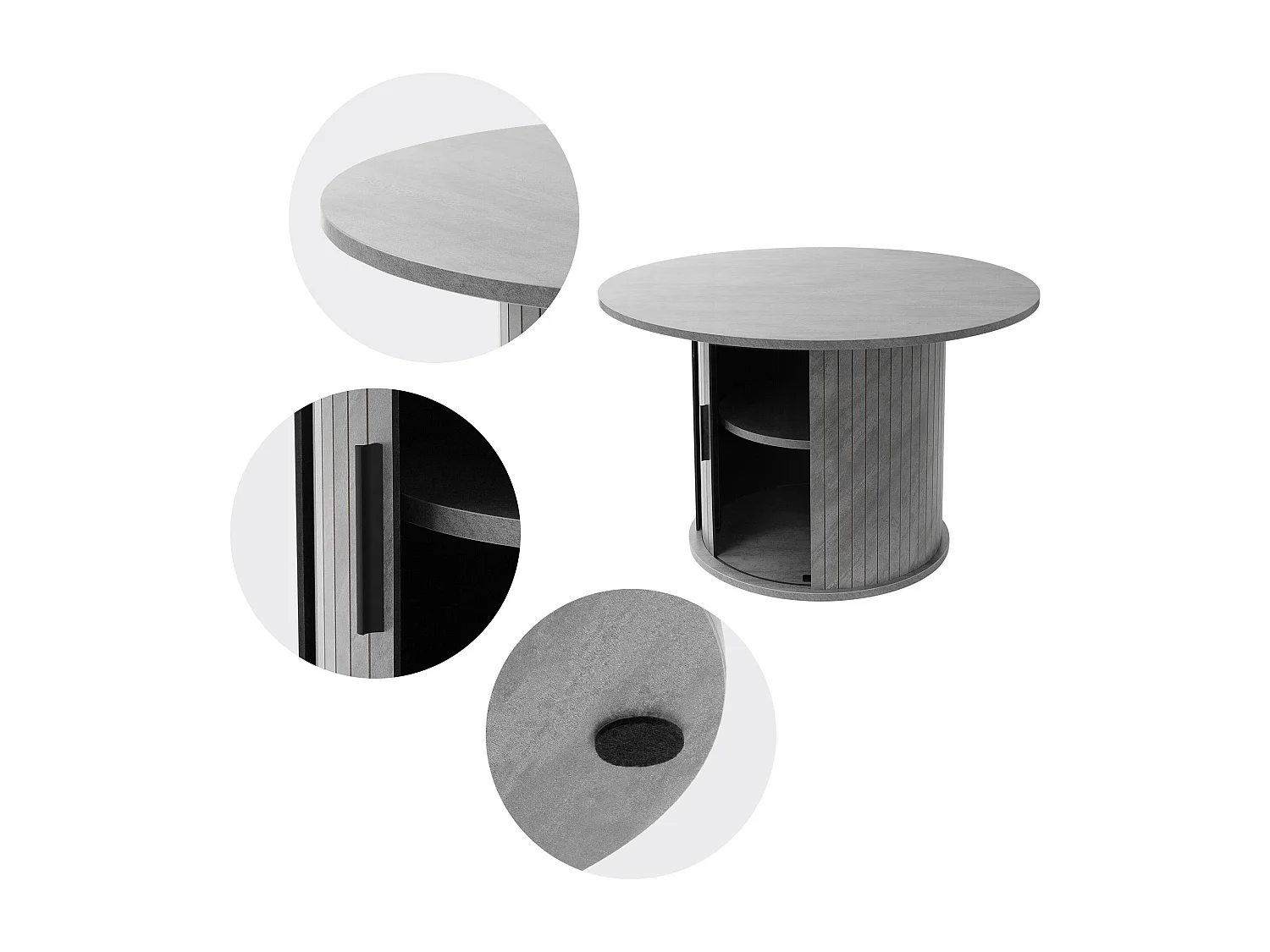 Table basse ronde 80 x 80 x 50 cm aspect béton gris avec porte coulissante et grande espace de rangement meuble pour canapé surface pour boissons