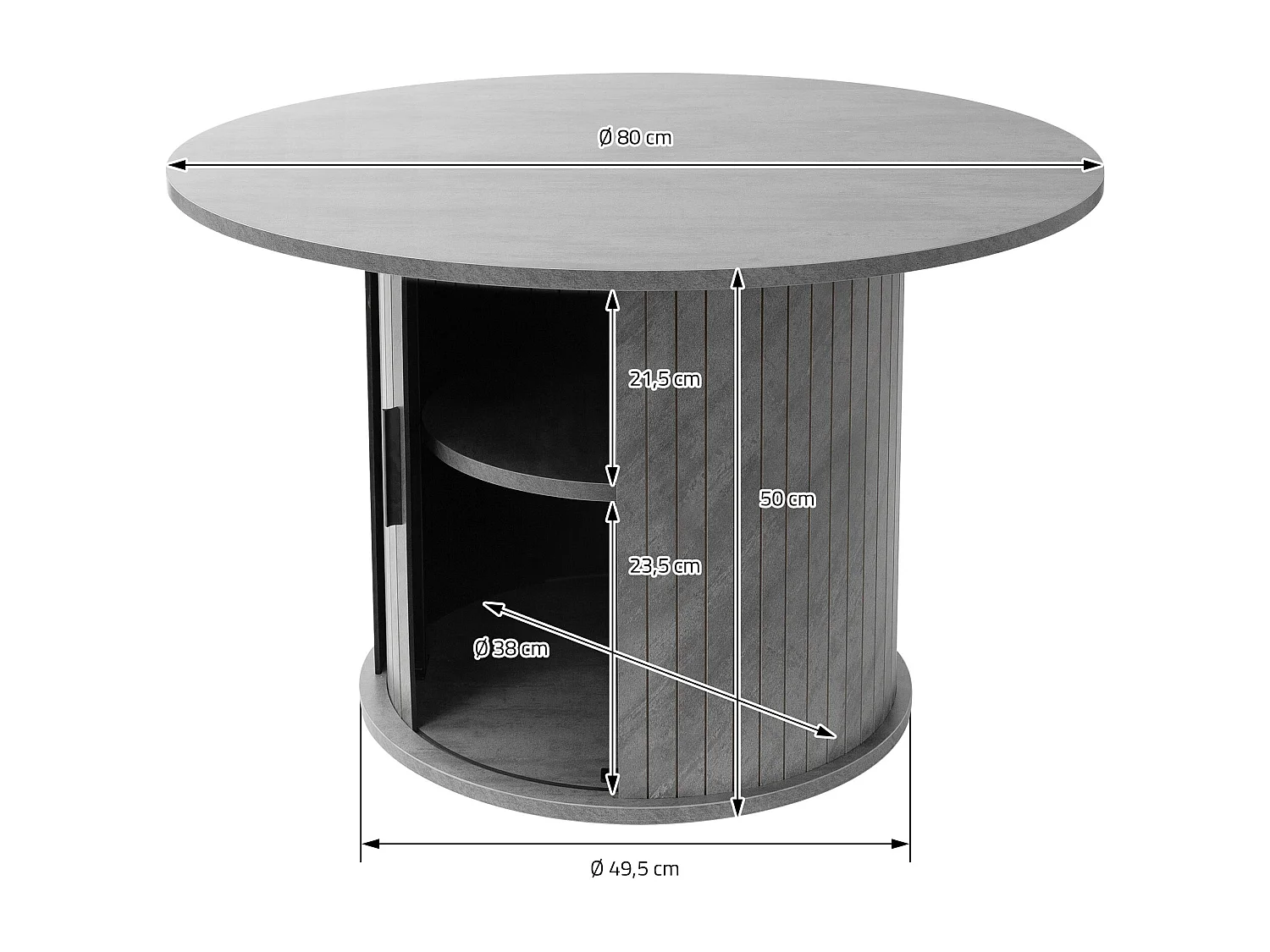 Table basse ronde 80 x 80 x 50 cm aspect béton gris avec porte coulissante et grande espace de rangement meuble pour canapé surface pour boissons