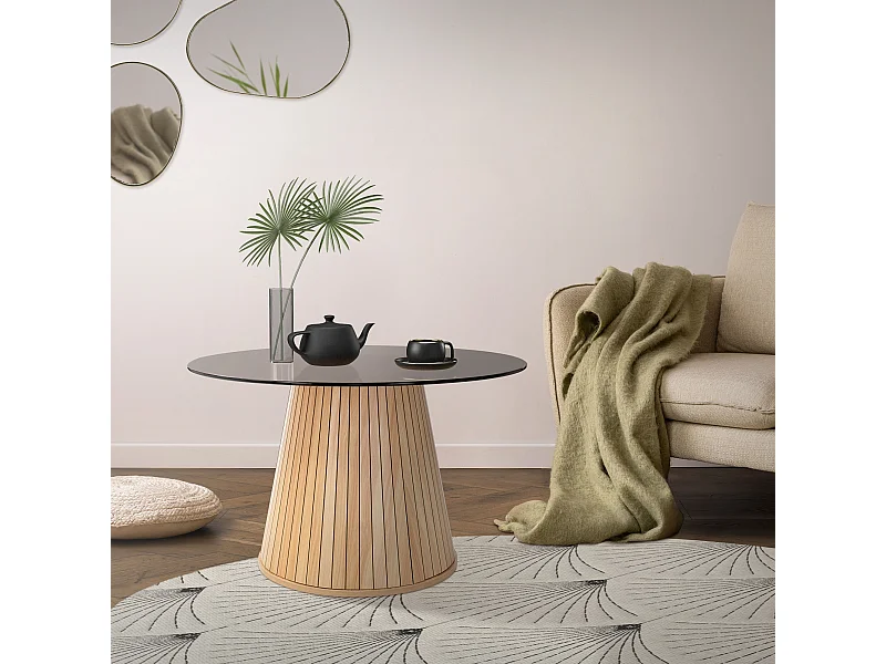 ML-Design Tavolino da caffè rotondo con piano in vetro, 80x80x50 cm, effetto legno, marrone, moderno, mobili per la casa, tavolo basso per salotto