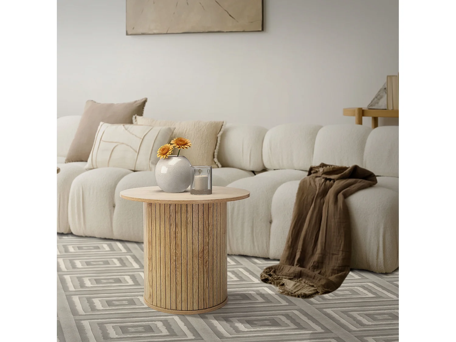 Table basse ronde Ø 60 x 50 cm aspect bois marron avec plateau dépassant mobilier moderne pour canapé de salon bar ou lounge surface pour café et thé