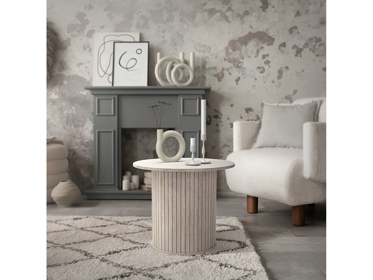 ML-Design Mesa de centro redonda con tablero sobresaliente Ø60x50cm beige con aspecto de piedra mesita de café mueble auxiliar de salón