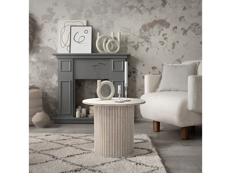 ML-Design Mesa de centro redonda con tablero sobresaliente Ø60x50cm beige con aspecto de piedra mesita de café mueble auxiliar de salón