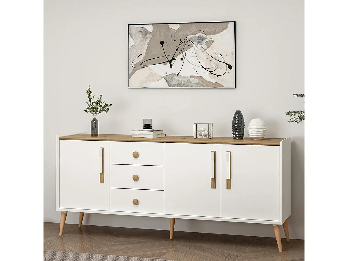 Buffet scandinave blanc et effet bois avec 3 tiroirs MARFA