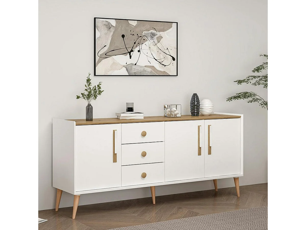 Buffet scandinave blanc et effet bois avec 3 tiroirs MARFA