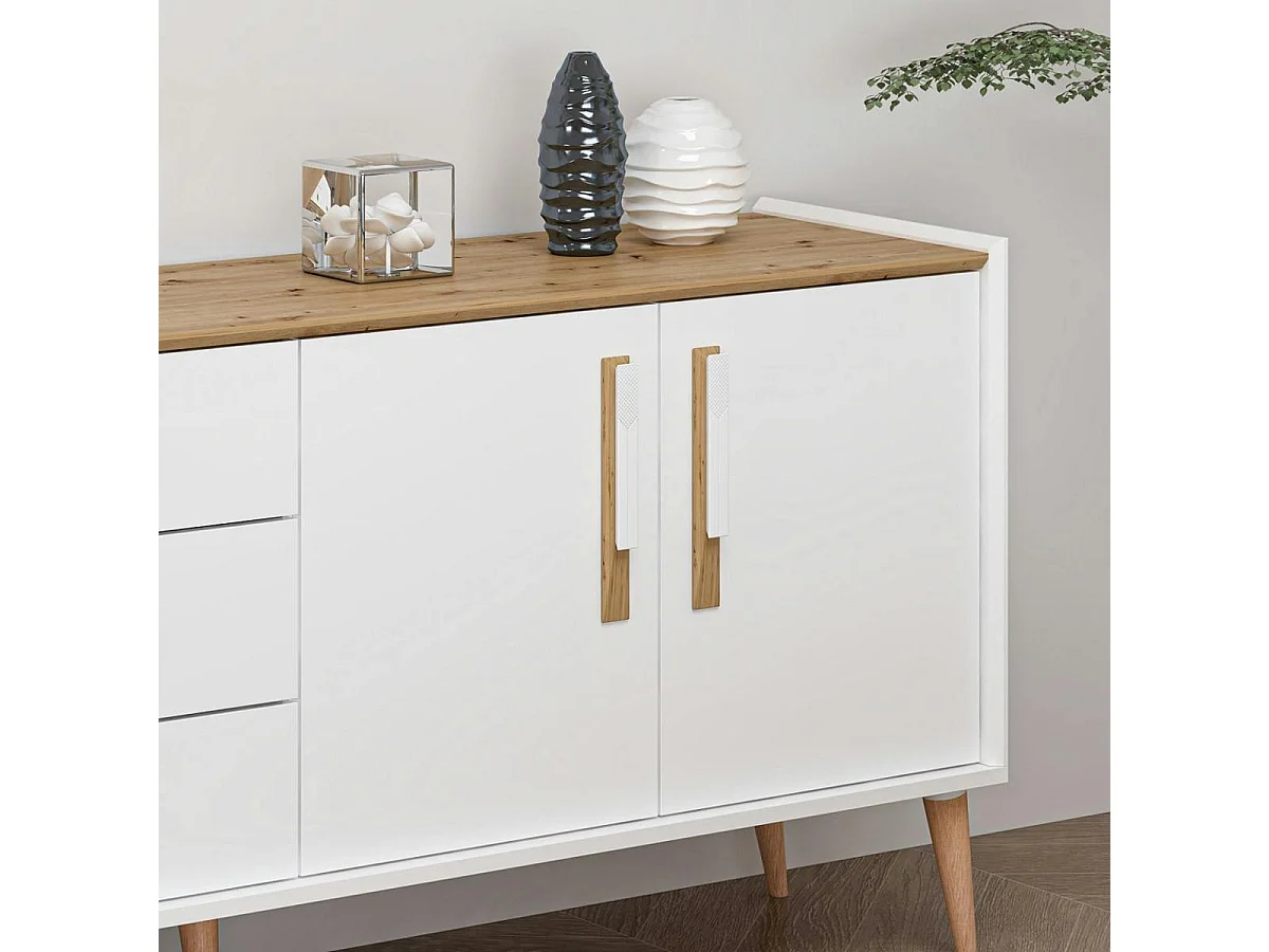 Buffet scandinave blanc et effet bois avec 3 tiroirs MARFA