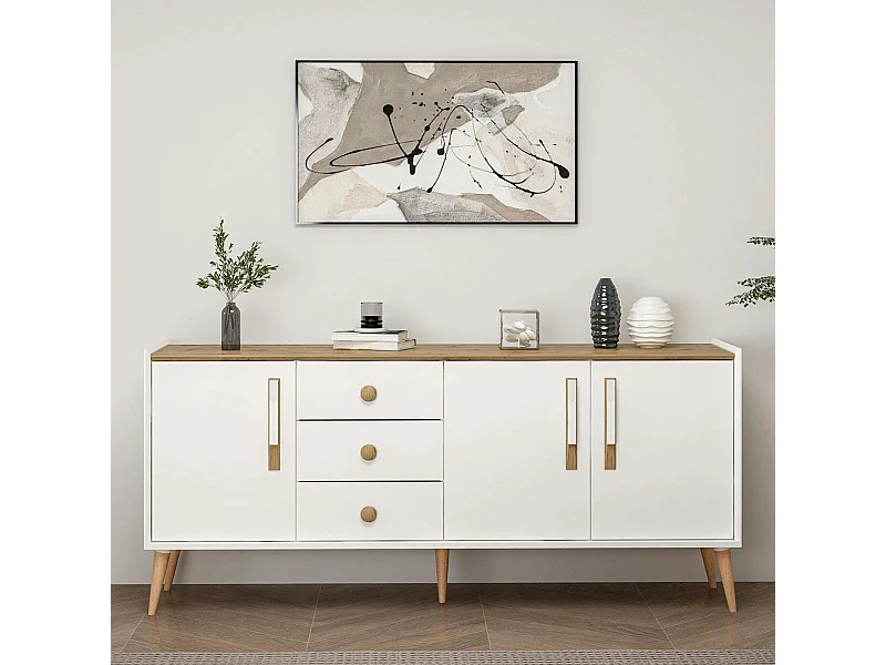 Buffet scandinave blanc et effet bois avec 3 tiroirs MARFA