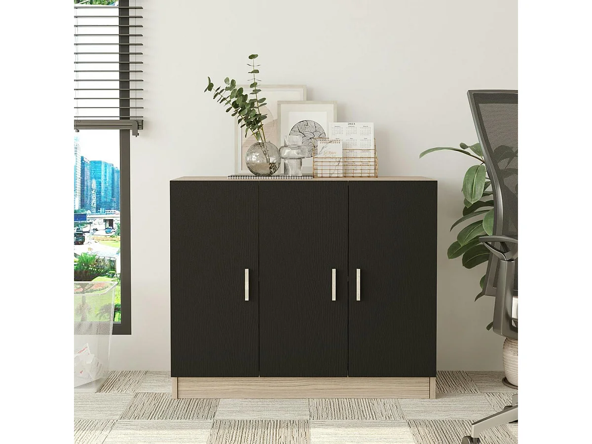 Meuble de rangement bureau 3 portes décor bois et noir MARFA