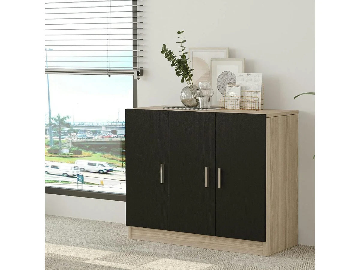 Meuble de rangement bureau 3 portes décor bois et noir MARFA