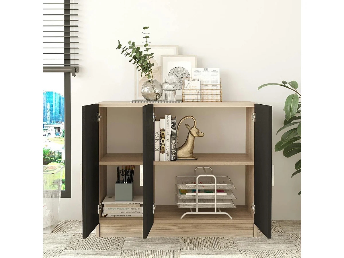 Meuble de rangement bureau 3 portes décor bois et noir MARFA