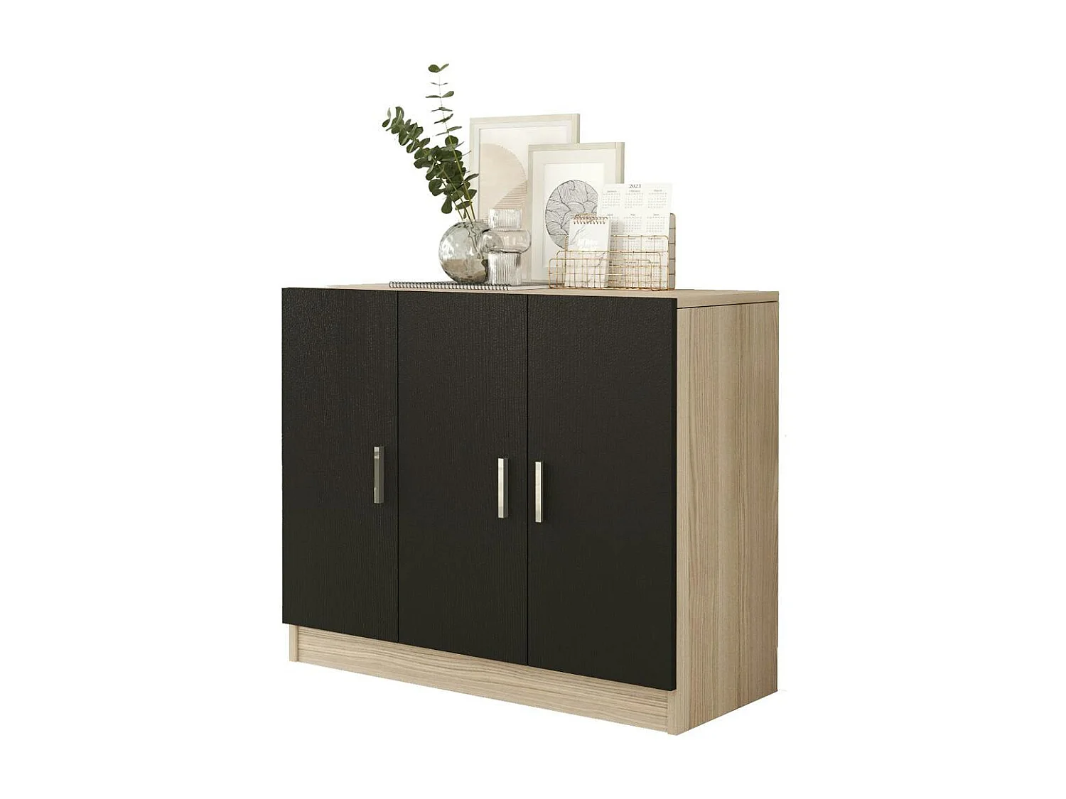 Meuble de rangement bureau 3 portes décor bois et noir MARFA