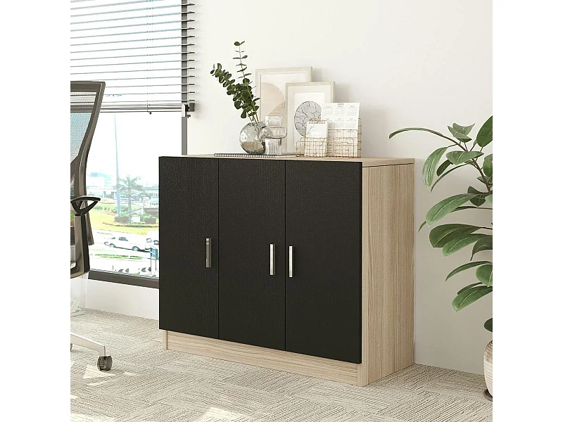 Meuble de rangement bureau 3 portes décor bois et noir MARFA