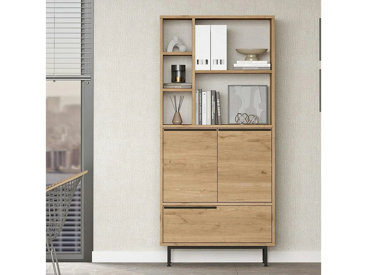 Bibliothèque salon 3 portes 2 étagères décor bois JENA