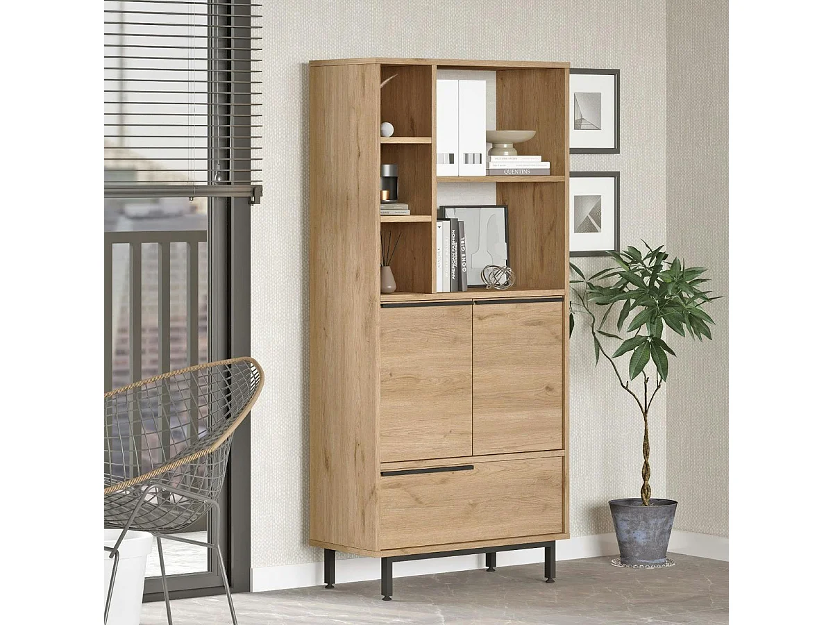 Bibliothèque salon 3 portes 2 étagères décor bois JENA