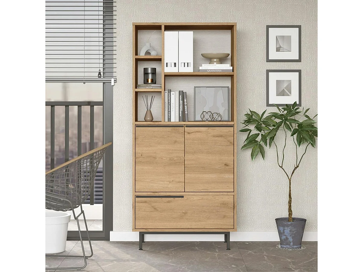 Bibliothèque salon 3 portes 2 étagères décor bois JENA