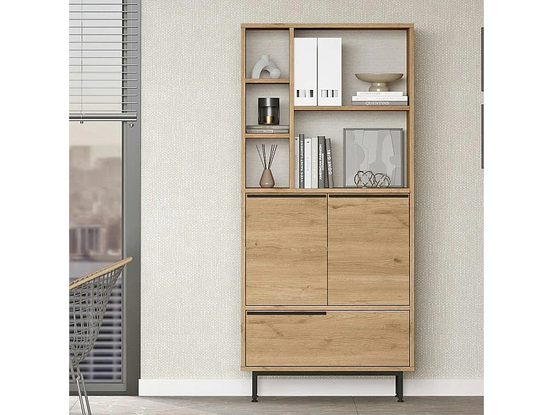 Bibliothèque salon 3 portes 2 étagères décor bois JENA