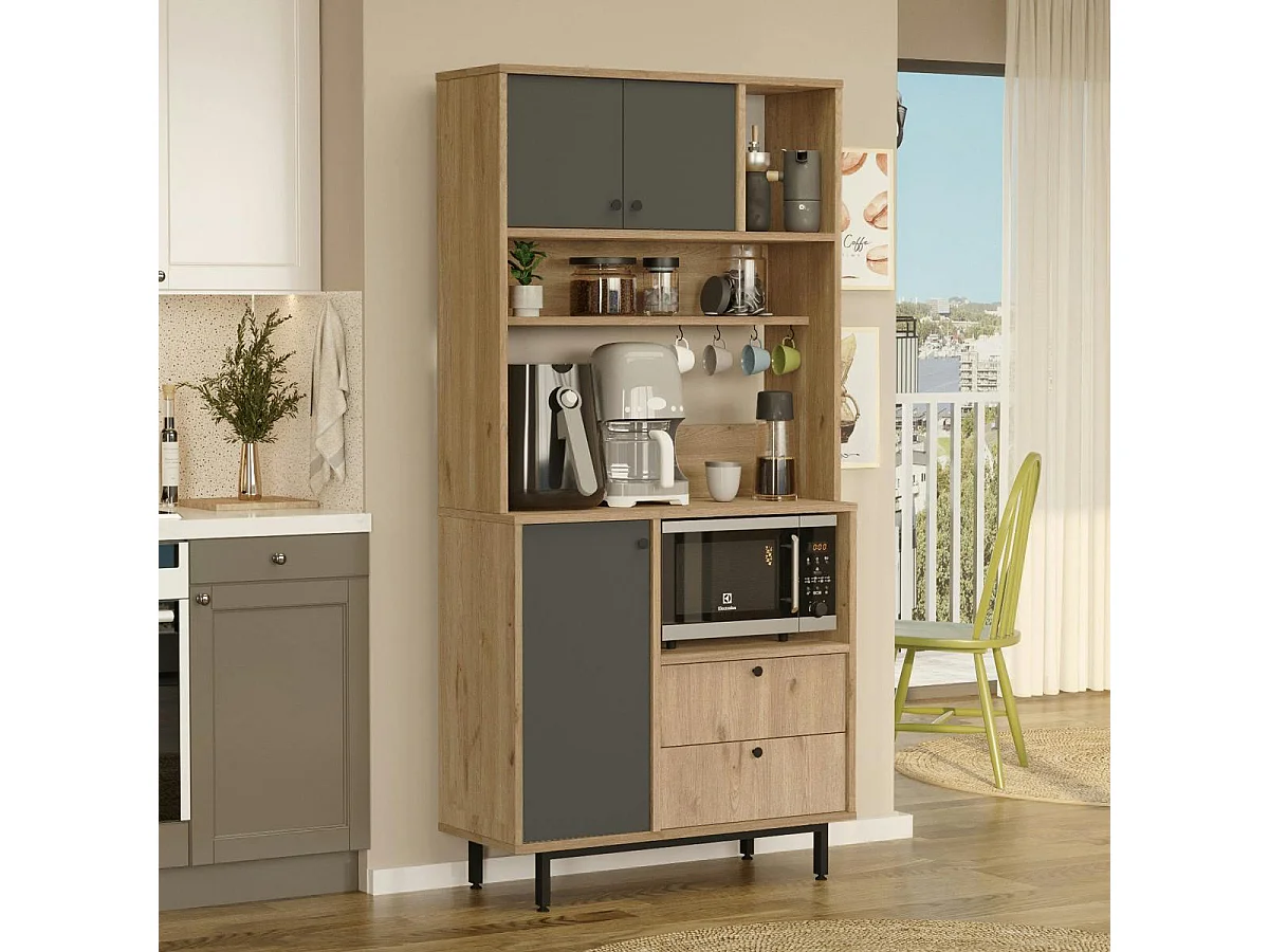 Buffet cuisine niche micro-ondes décor gris H 180 cm JENA