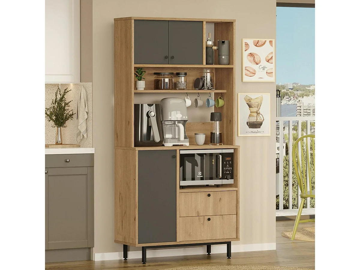 Buffet cuisine niche micro-ondes décor gris H 180 cm JENA