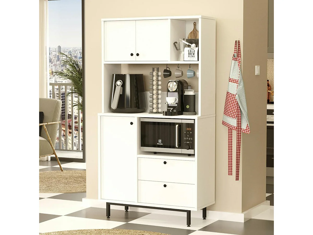 Buffet cuisine blanc niches micro-ondes et cafetière JENA