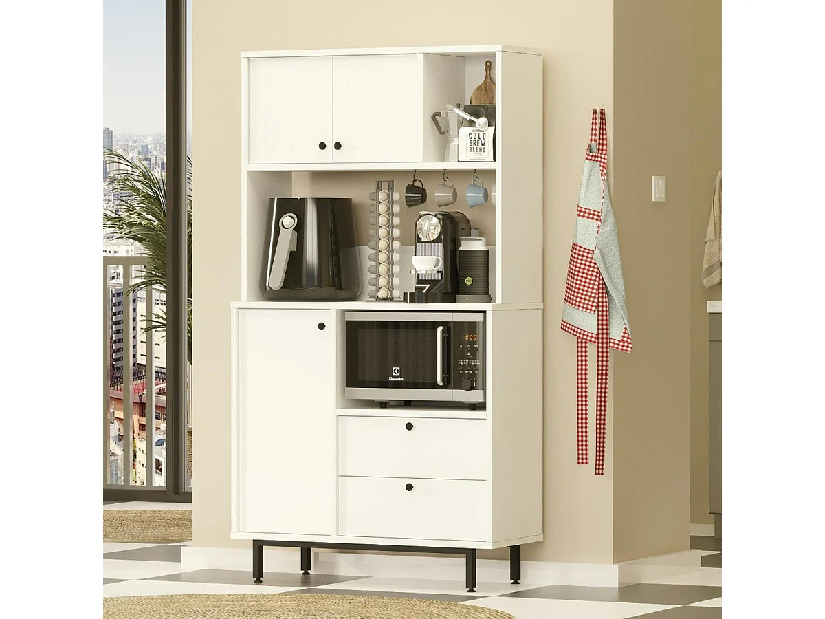 Buffet cuisine blanc niches micro-ondes et cafetière JENA