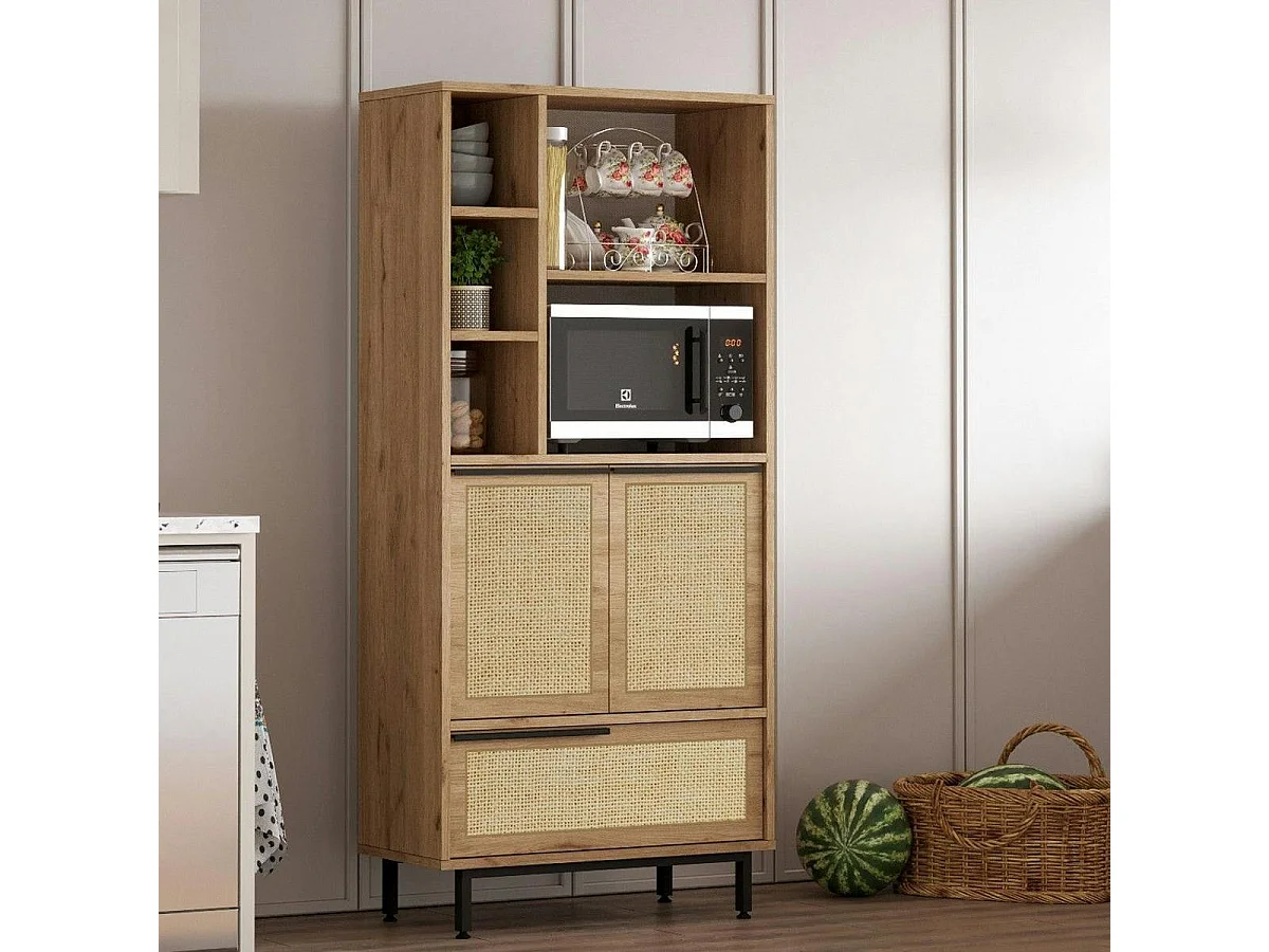 Colonne rangement cuisine cannage et niche micro-ondes JENA