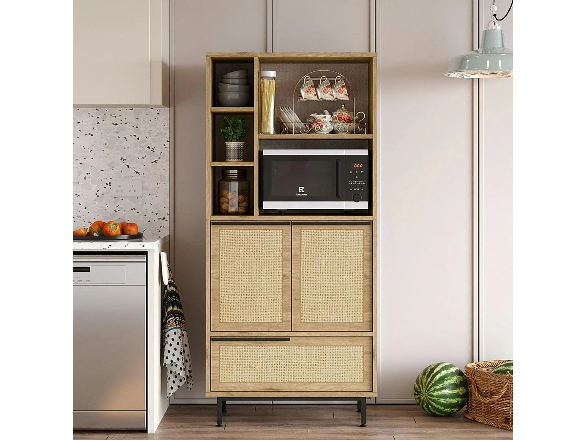Colonne rangement cuisine cannage et niche micro-ondes JENA