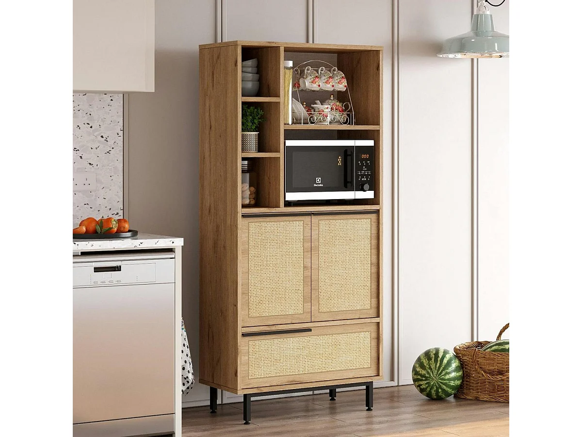 Colonne rangement cuisine cannage et niche micro-ondes JENA