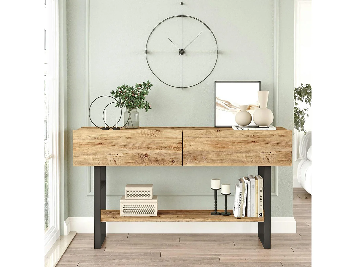 Console rustique chic décor bois clair 2 tiroirs JENA