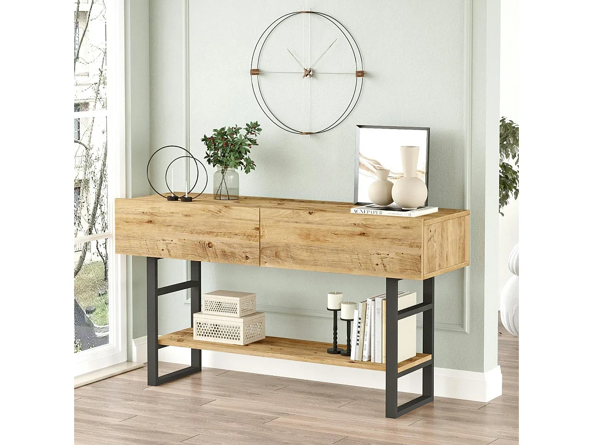 Console rustique chic décor bois clair 2 tiroirs JENA