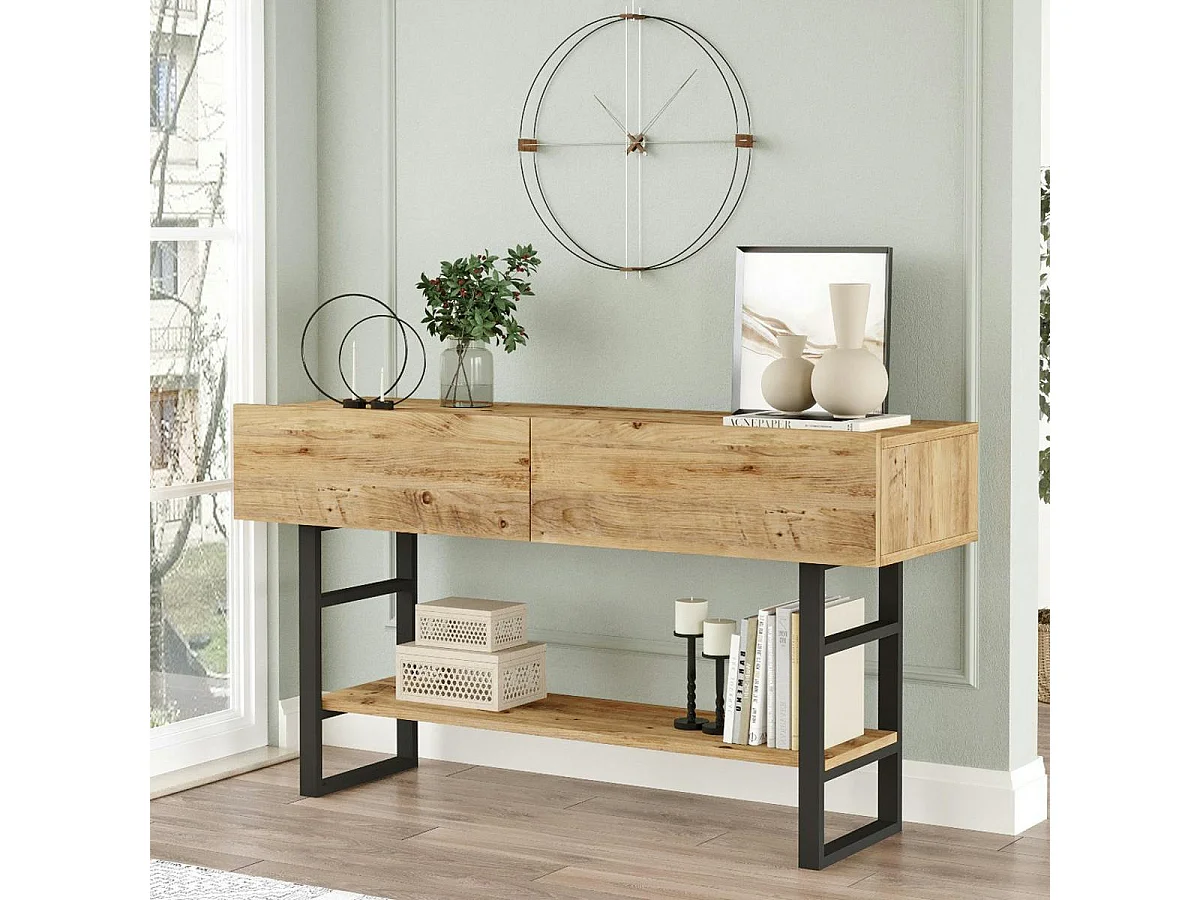 Console rustique chic décor bois clair 2 tiroirs JENA
