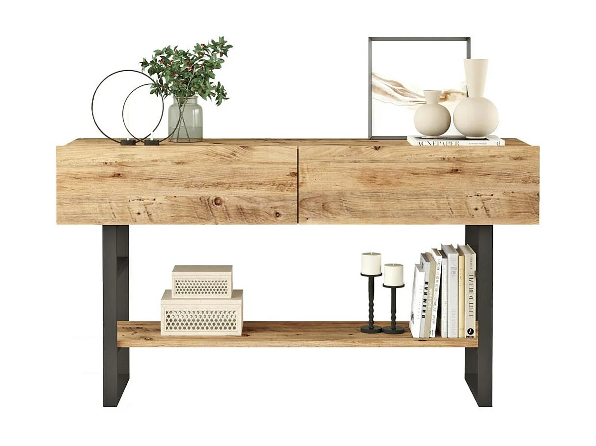 Console rustique chic décor bois clair 2 tiroirs JENA