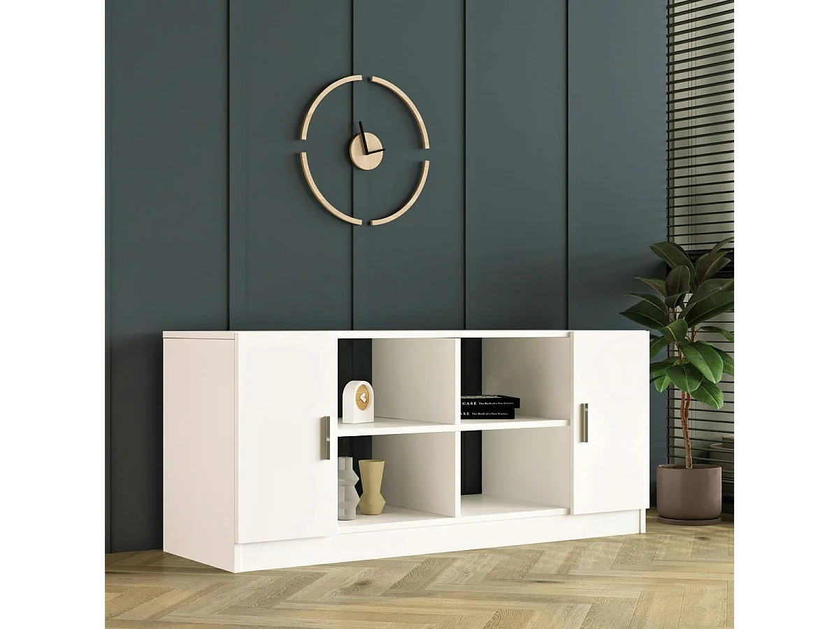 Meuble TV blanc moderne 2 portes 4 niches ouvertes MARFA